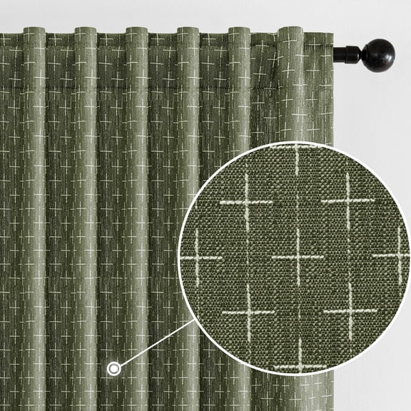 Decorative Back Tab Linen Curtains with Geometric Pattern for Living Room Bedroom Farmhouse Rustic Thick Woven Textured Patterned Mudcloth Drapes 96 Inches Long 2 Panels Set, Olive Green