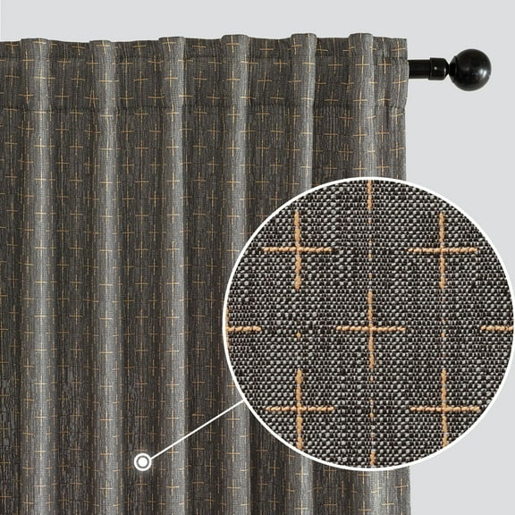 Decorative Back Tab Linen Curtains with Geometric Pattern, Farmhouse Rustic Thick Woven Textured Mudcloth Drapes, 63" Length, 2 Panels Set, Dark Grey