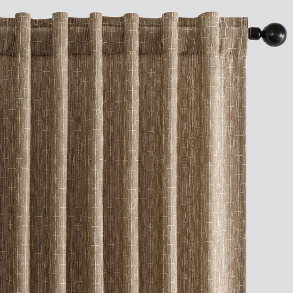 Decorative Back Tab Linen Curtains with Geometric Pattern, Farmhouse Rustic Thick Woven Textured Mudcloth Drapes, 90" Long, 2 Panels Set, Brown