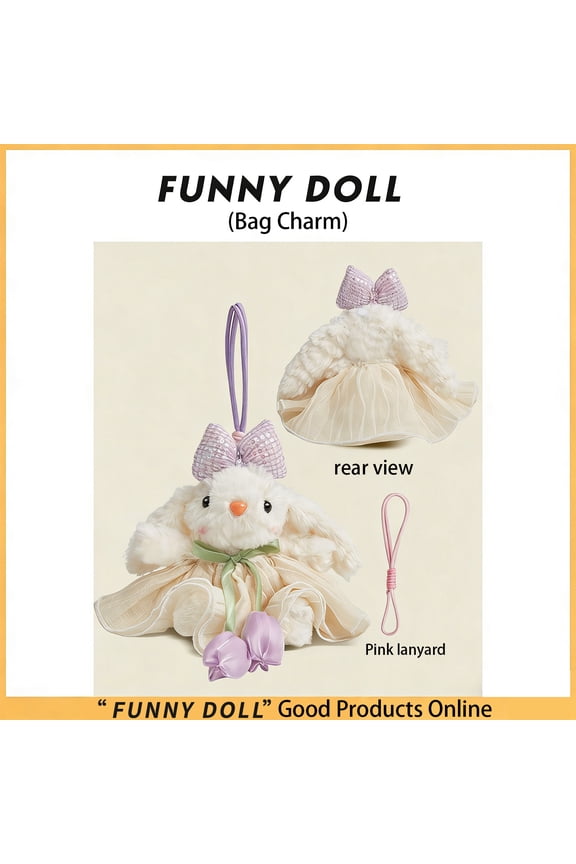Decorative Bag Charm Chain, Bunny Stuffed Animal, Rabbit Stuffed Animal, Stuffed Animal Bunny, 7 Inch 1Pc Dressed Fluffy Long Ear Bunny Plush Hanger with Pastel Accents for