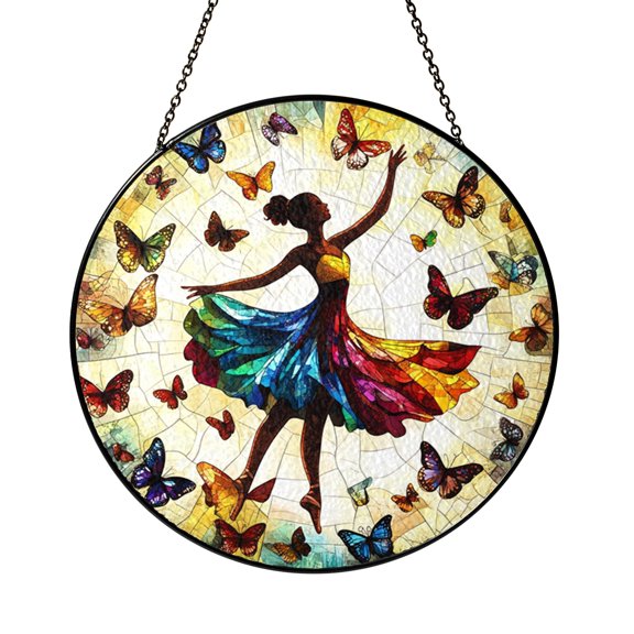 Decorative Ballerina Butterfly Window Hanging Stained Glass Style Suncatcher, Ballet Dancer Window Panel Art, Dance Theme Window Decoration Gift