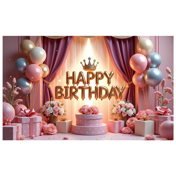 Decorative Balloons Happy Birthday Banner Floral Design Gift Boxes for Party Celebration Indoor Decoration