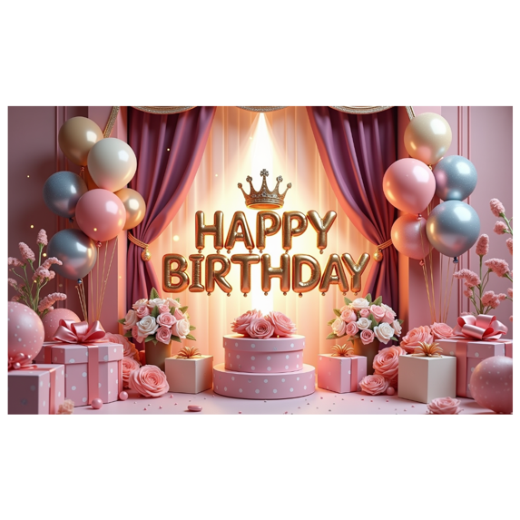 Decorative Balloons Happy Birthday Banner Floral Design Gift Boxes for Party Celebration Indoor Decoration