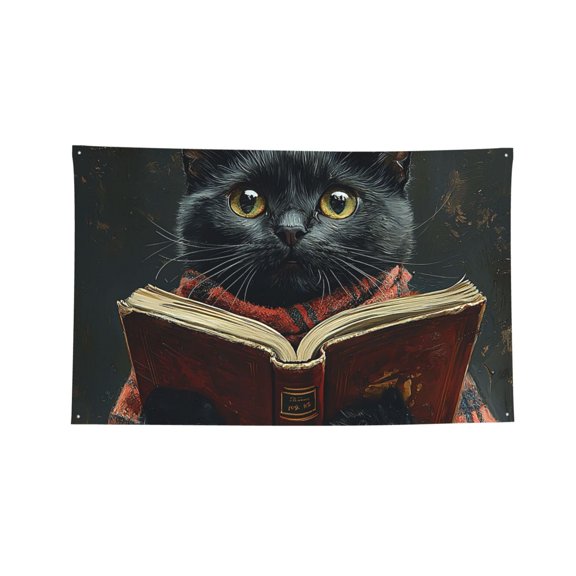 Decorative Banner Flag 2x3 Ft Wall Hanging for Dorm, Gym, Garage, Outdoor Events, Cat Reading Book Retro