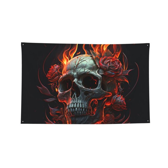 Decorative Banner Flag 2x3 Ft Wall Hanging for Dorm, Gym, Garage, Outdoor Events, Ghost Fire Skull Burning Roses