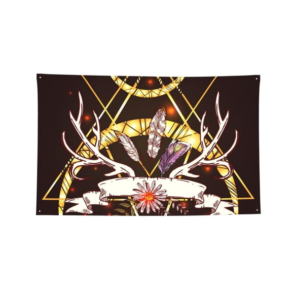 Decorative Banner Flag 2x3 Ft Wall Hanging for Dorm, Gym, Garage, Outdoor Events, Gold Arrow Boho Style Feather