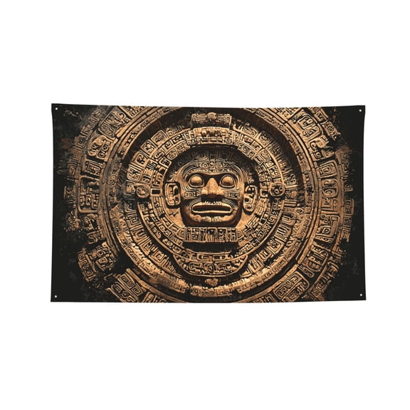 Decorative Banner Flag 2x3 Ft Wall Hanging for Dorm, Gym, Garage, Outdoor Events, Mayan Calendar Aztec Black