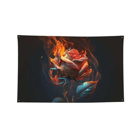 Decorative Banner Flag 2x3 Ft Wall Hanging for Dorm, Gym, Garage, Outdoor Events, Rose On Fire Burning Flaming