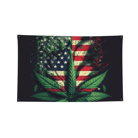 Decorative Banner Flag 2x3 Ft Wall Hanging for Dorm, Gym, Garage, Outdoor Events, United States Flag Cannabis Weed