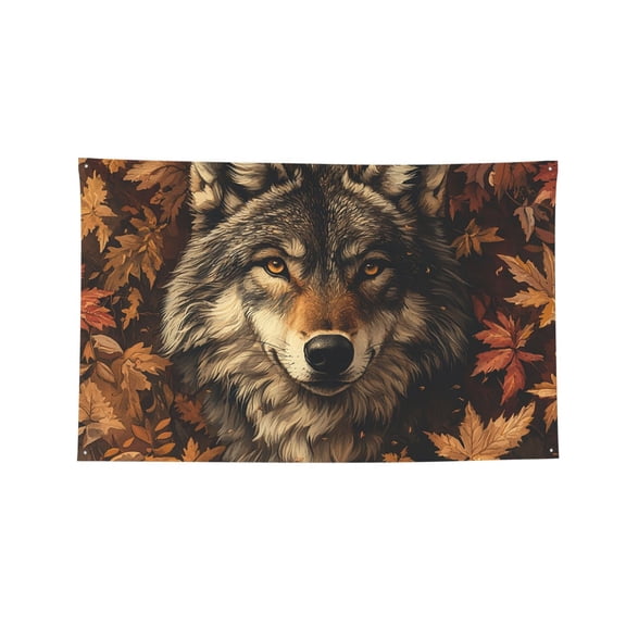 Decorative Banner Flag 2x3 Ft Wall Hanging for Dorm, Gym, Garage, Outdoor Events, Wolf Leaves Vintage