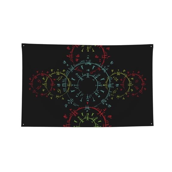 Decorative Banner Flag 3x5 Ft Wall Hanging for Dorm, Gym, Garage, Outdoor Events, Circle Runes Symbol Scandinavian