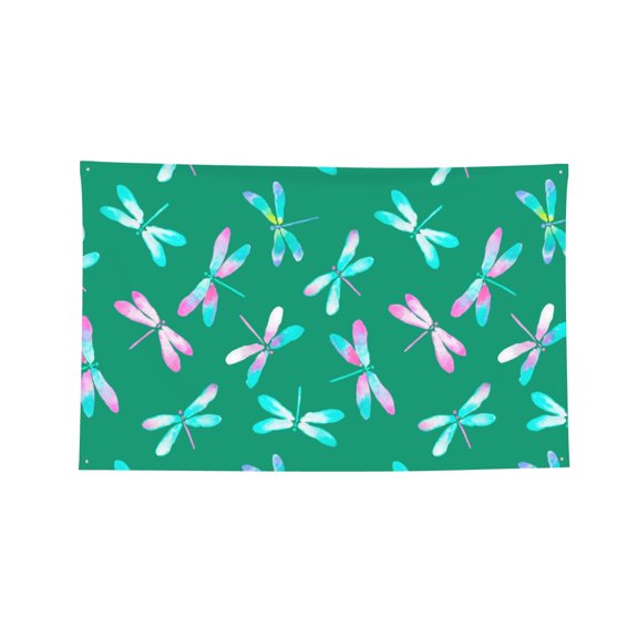 Decorative Banner Flag 4x6 Ft Wall Hanging for Dorm, Gym, Garage, Outdoor Events, Dragonfly Dragonflies Green Pink