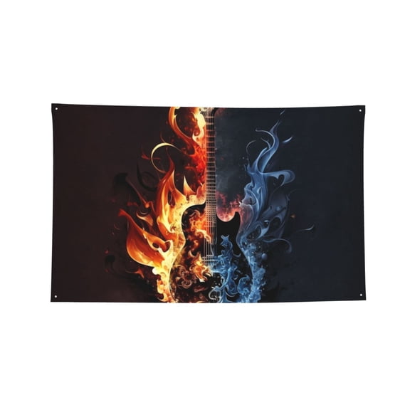 Decorative Banner Flag 4x6 Ft Wall Hanging for Dorm, Gym, Garage, Outdoor Events, Flaming Burning Guitar Red Blue Fire