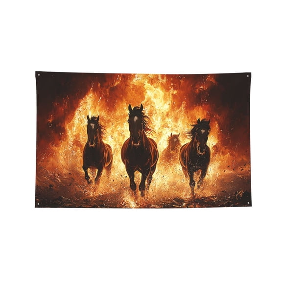 Decorative Banner Flag 4x6 Ft Wall Hanging for Dorm, Gym, Garage, Outdoor Events, Horses Fire Flame Burning
