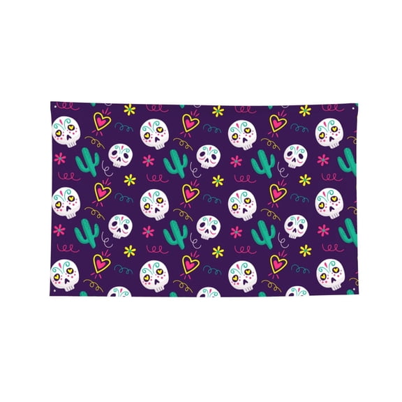 Decorative Banner Flag 4x6 Ft Wall Hanging for Dorm, Gym, Garage, Outdoor Events, Mexico Skull Heart Cactus Mexican