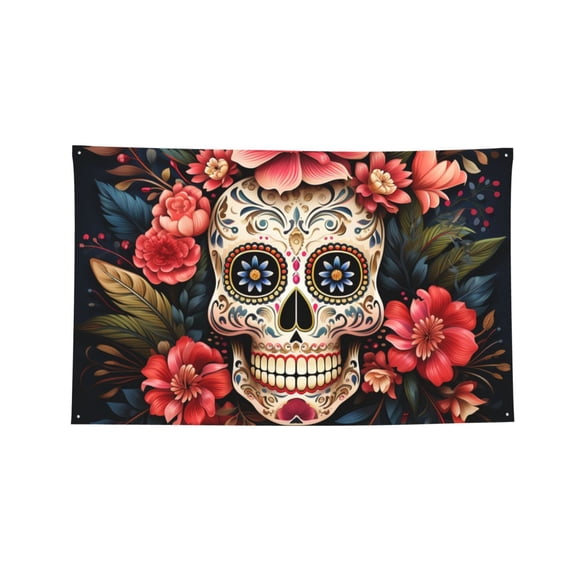 Decorative Banner Flag 4x6 Ft Wall Hanging for Dorm, Gym, Garage, Outdoor Events, Skulls Gothic Day Of The Dead Art