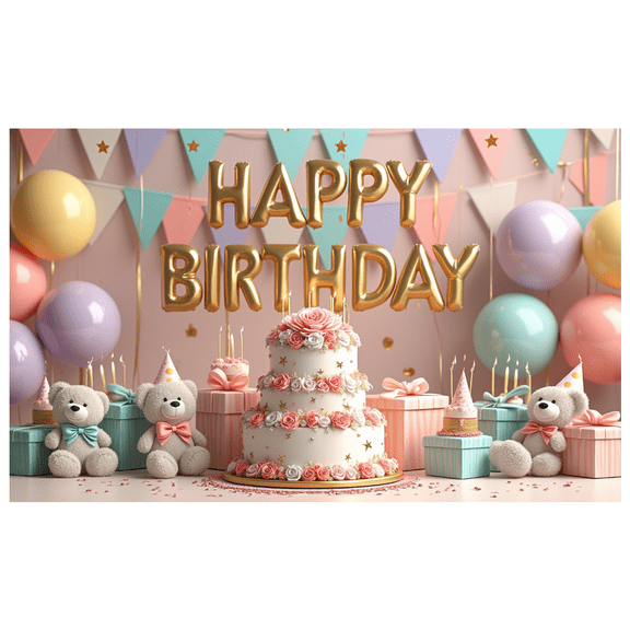 Decorative Banner Happy Birthday Cake Teddy Bear for Birthday Celebration Kids Party Decorations
