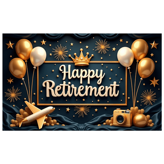 Decorative Banner Retirement Celebration Travel Theme Gold Balloons Crown Design Camera for Retirement Party Event Decoration Indoor Celebration