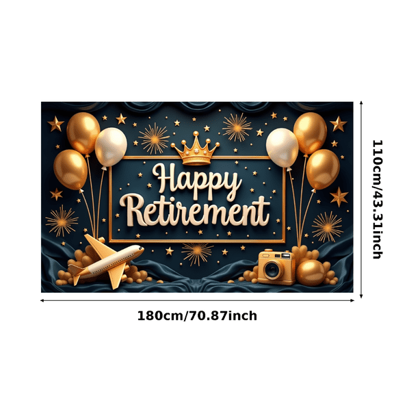 Decorative Banner Retirement Celebration Travel Theme Gold Balloons Crown Design Camera for Retirement Party Event Decoration Indoor Celebration