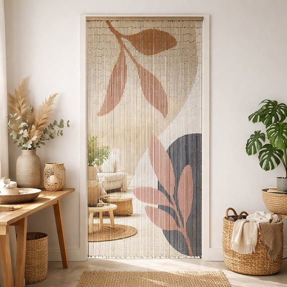 Decorative Beaded Door Curtain - Beige Autumn Leaves Design, 36 x 79 Inches, Natural Bamboo Beads for Doorways, Room Dividers and Home Decor - Handcrafted, Easy to Install