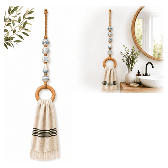 Wooden Rack Png Decorative Beaded Towel Hanger With Wooden Ring, Boho Macrame Beaded ...