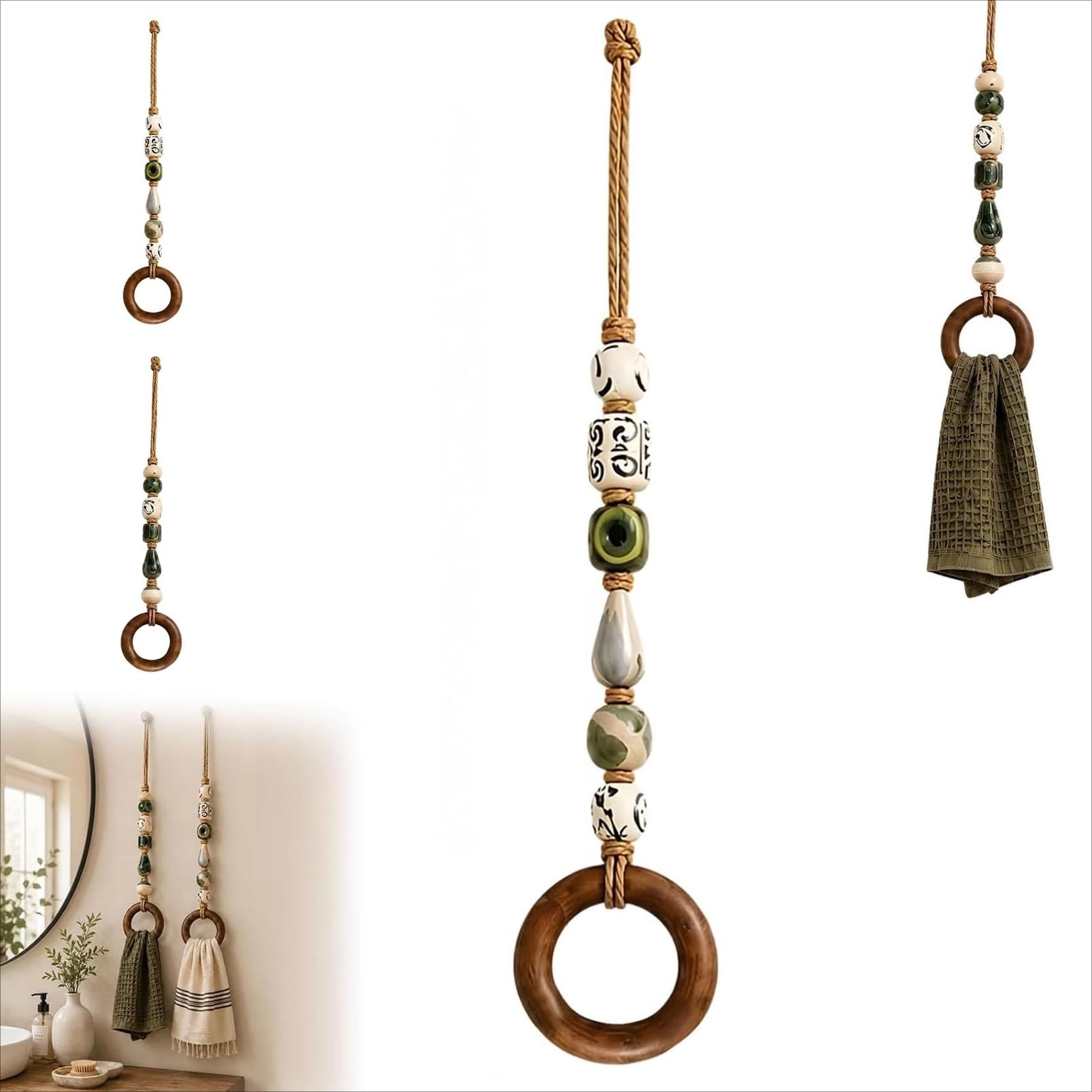 Decorative Beaded Towel Hanger with Wooden Ring, Rustic Farmhouse Wall ...