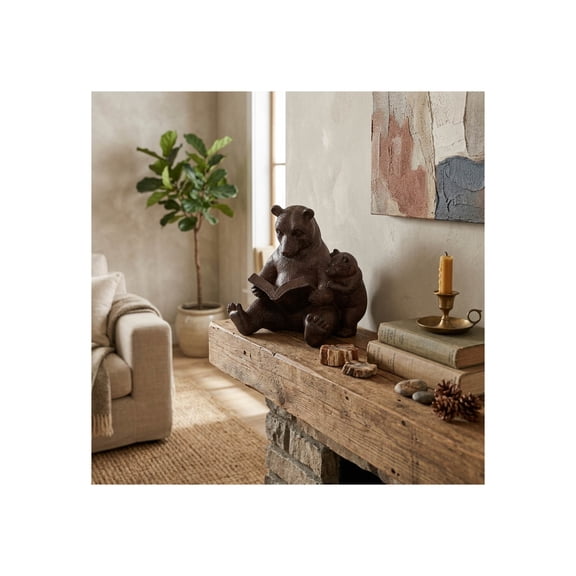 Decorative Bear Reading Figurine for Home Decor - Modern Accent for Living Room, Bathroom, and Book Shelf - Hand Painted Animal Figurine for Office Desk and Coffee Table - 9", Brown