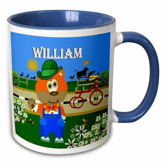 3drose, Decorative Bear Wearing Overalls with the Name William, 11oz Two-tone Blue Mug