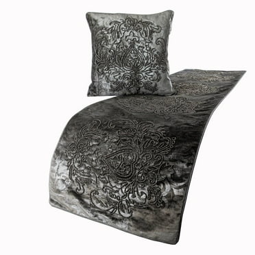 Decorative Bed Runner without Pillow Cover, 53 x 18 Inch Damask Designer Twin Size Bed Scarf in Foil Velvet and Embroidery Bed Linen Foot Warmer Home - Foil Damask