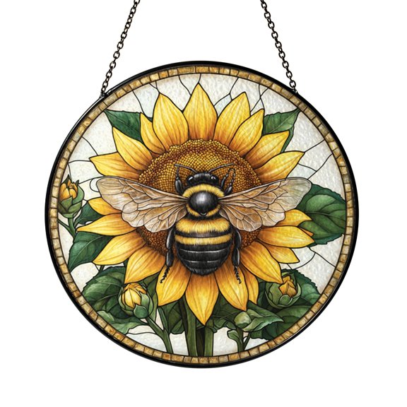Decorative Bee Flower Window Hanging – Stained Glass Style Decor