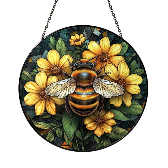 Decorative Bee Glass Window Accent Featuring Flower Elements, Nature Themed Hanging Light Catcher Art, Botanical Insect Glass Decor for Home Window and Bright Interior Spaces
