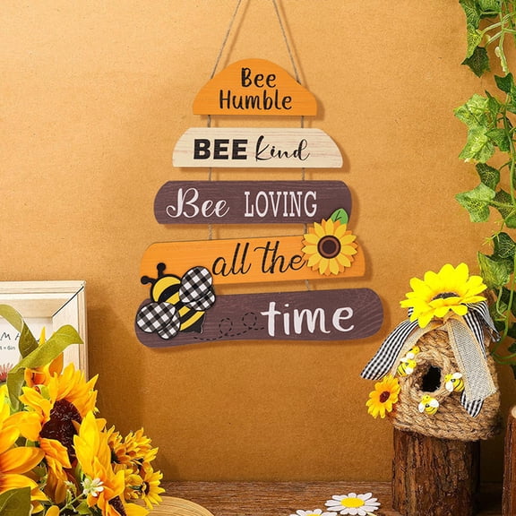 Decorative Bee Theme Wall Hanger, Wooden Bee Day Sign for Front Door, Rustic Spring Home Decor, Hand Finished Bee Ornament