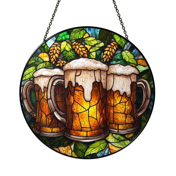 Decorative Beer Mug Stained Glass Suncatcher Window Hanging, Foamy Beer Glass and Hop Leaves Glass Panel Art, Rustic Bar Kitchen Window Decor, Beverage Theme Sun Catcher Ornament for Home