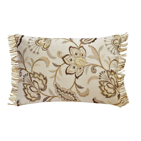 Decorative Beige 12"x16" (30x40 cm) Lumbar Pillow Cover, Linen Pearl, Embroidery & Lace Oblong Pillow, Floral Pattern Contemporary Style - Pearla