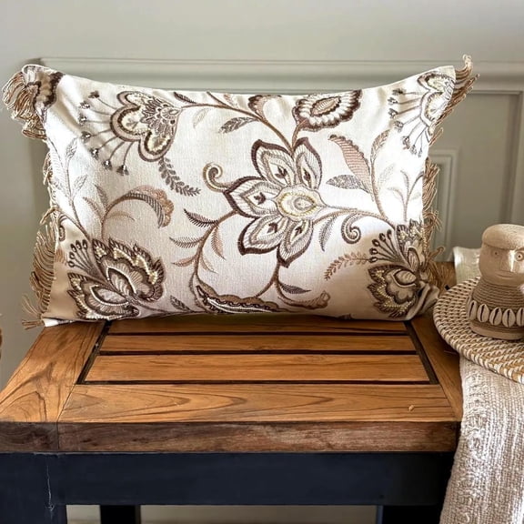 Decorative Beige 12"x16" (30x40 cm) Lumbar Pillow Cover, Linen Pearl, Embroidery & Lace Oblong Pillow, Floral Pattern Contemporary Style - Pearla