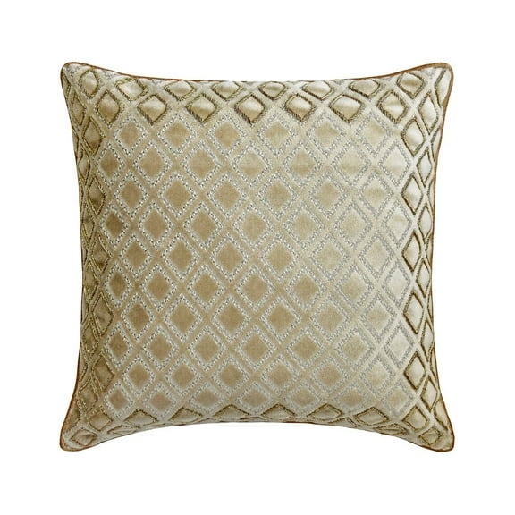 Decorative Beige 14"x14" (35x35 cm) Sqaure Throw Pillows, Velvet Gold Zardozi Throw Pillows For Couch, Geometric Pattern Modern Style - Gold Gem