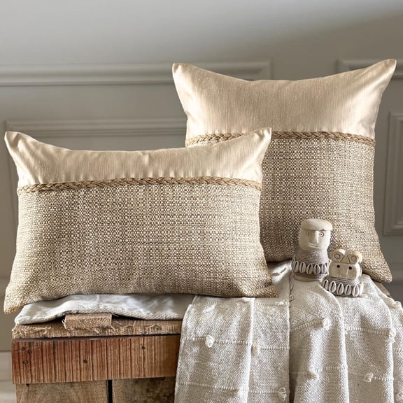 Decorative Beige 24"x24" (60x60 cm) Pillow Cases, Jute & Satin Jute Lace Throw Pillows For Sofa, Patchwork Pattern Modern Style - Jute Ivory Suit
