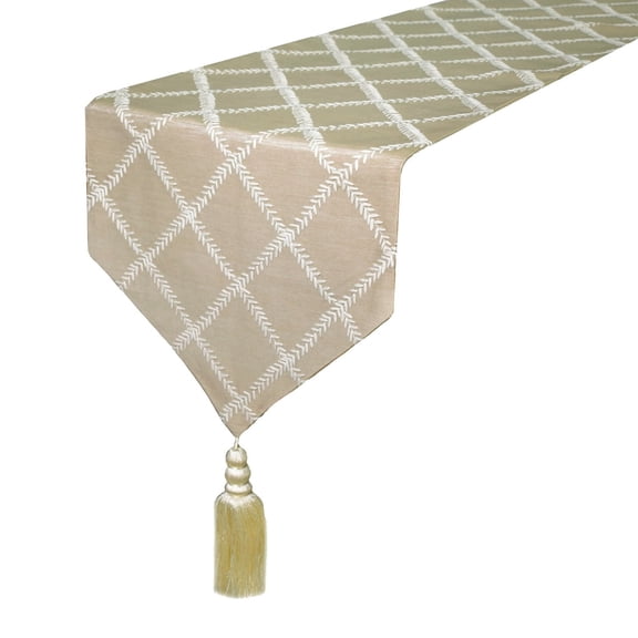 Decorative Beige 8 Seater Table Runner (14 x 108 inch) Jacquard Table Decor, Tassels, Floral, Handmade Table Runner for Holiday, Party, Dining, Christmas Hosting, Gifts, Contemporary - Marlowe Beige