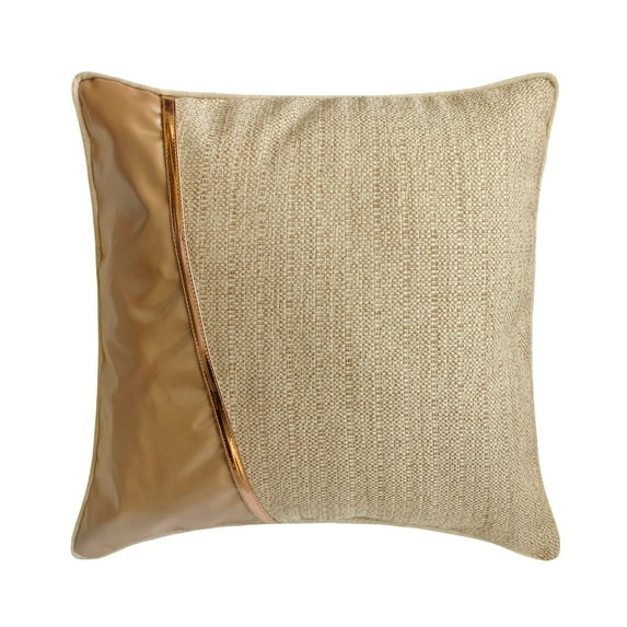 Decorative Beige & Gold 14"x14" (35x35 cm) Pillow Covers, Jute & Faux Leather Patchwork, Leather & Jute Throw Pillows For Sofa, Solid Color Pattern Modern Style - Acland