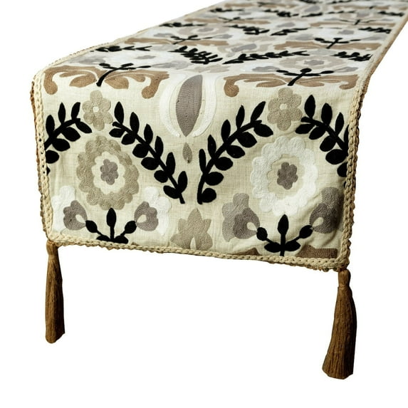 Decorative Beige Table Runner 6 Seater Table Runner (14 x 72 inch), Lace Embroidery & Tassels Table Runner, Linen fabric Table Linen, Floral Pattern Contemporary Style - Atushi