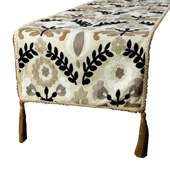Decorative Beige Table Runner 8 - 10 Seater Table Runner (16 x 120 inch), Lace Embroidery & Tassels Table Runner, Linen fabric Table Linen, Floral Pattern Contemporary Style - Atushi