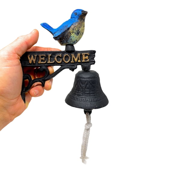 Decorative Bell Welcome With Blue Bird For Indoor Outdoor Cast Iron Rustic Outdoorsy Wall Hanging