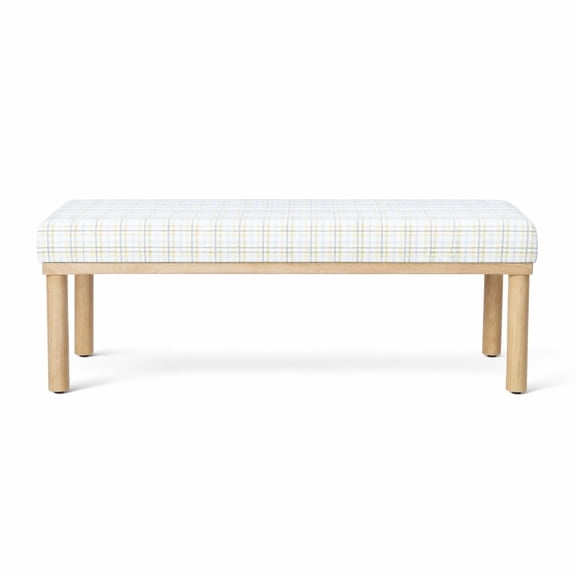 Decorative Bench With Natural Plaid Woven Fabric Upholstery And Light Wood