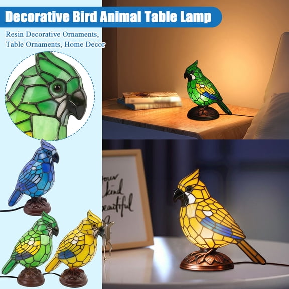 Decorative Bird Animal Table Lamp Mosaic Glass Ornament, Tiffany-Style Stained Glass Bird Sculpture, Stable Base, Perfect For Bedroom Living Room Office Decor &
