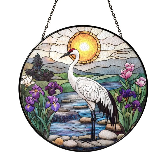 Decorative Bird Stream Floral Landscape Round Window Hanging – Stained Glass Style
