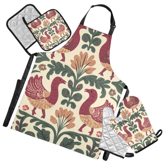 Decorative Birds and Foliage Oven Mitts and Pot Holders with Chef Apron Set 5 Pcs Kitchen Cooking Set