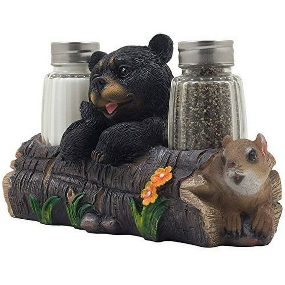 Decorative Black Bear And Squirrel Friend On Log Salt & Pepper Shaker Set Figurine Display Stand In Rustic Lodge Table Decorations Or Cabin Kitchen Decor Sculptures As Gifts For Friends