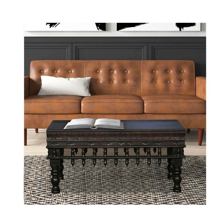 Decorative Black Coffee Table With Legs 18 Inch Tall Solid Wood Cocktail Table Distressed Living Room Center Table Rectangle Shape