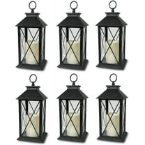 Decorative Black Lantern with Cross bar Design - LED Flickering Flameless Pillar Candle with 4 Hour Timer Included - Remote Control - Indoor/Outdoor Lantern - 13" H - Pack of 6