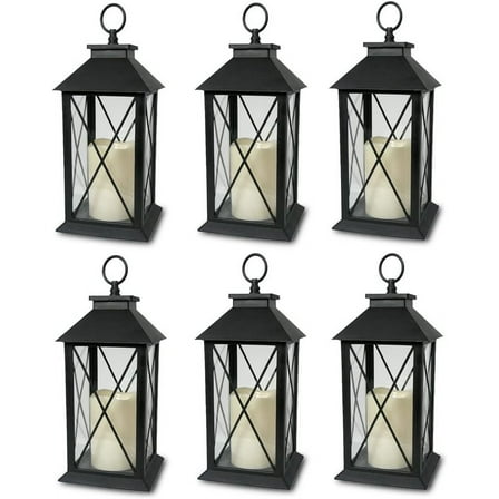 Decorative Black Lantern with Cross bar Design - LED Flickering Flameless Pillar Candle with 4 Hour Timer Included - Remote Control - Indoor/Outdoor Lantern - 13" H - Pack of 6